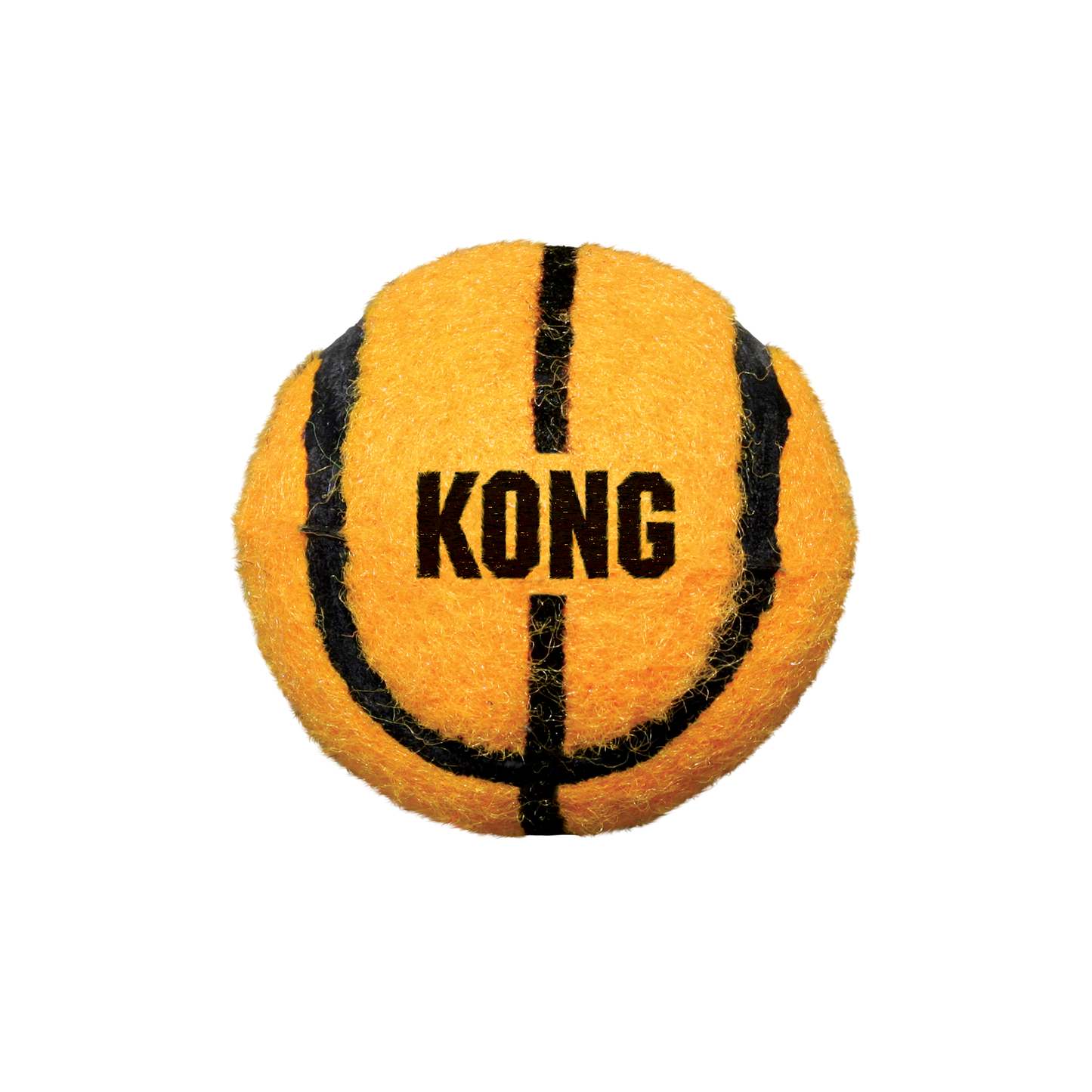 Orange dog ball with black stripes and 'KONG' branding on a white background