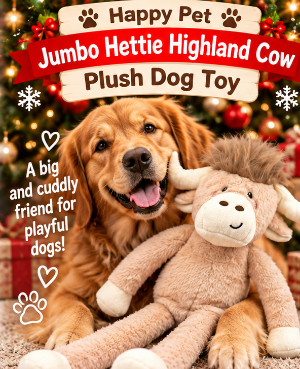 Jumbo Hettie Highland Cow 🐂 Plush Christmas Dog Toy by Happy Pet