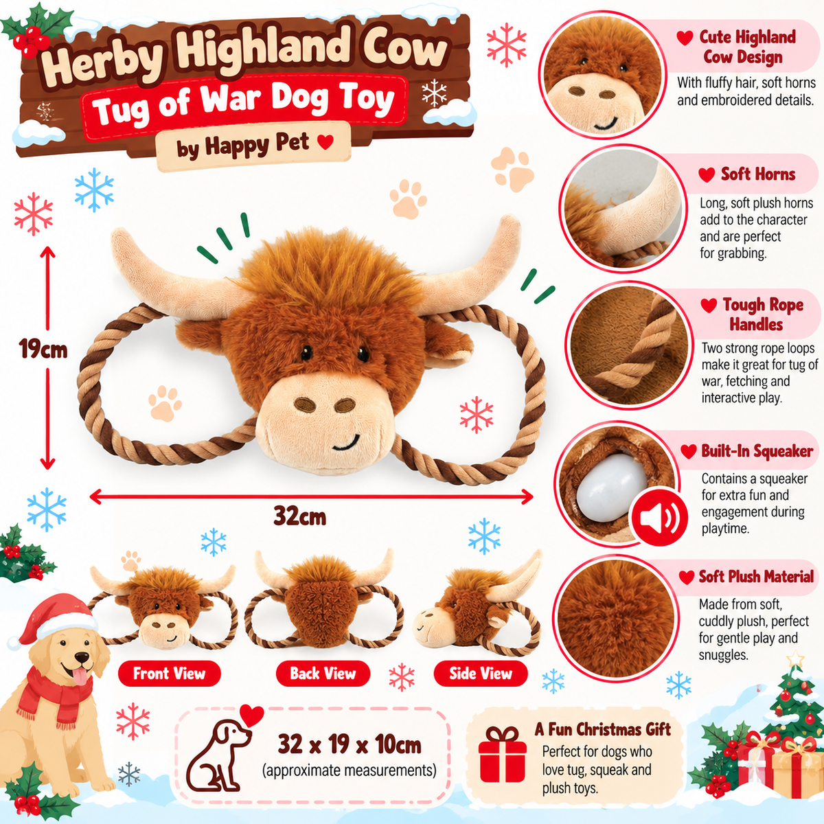 Herby Highland Cow Tug of War 🐂 Christmas Dog Toy by Happy Pet
