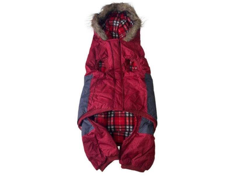 Red and gray dog snowsuit with plaid pattern on a white background