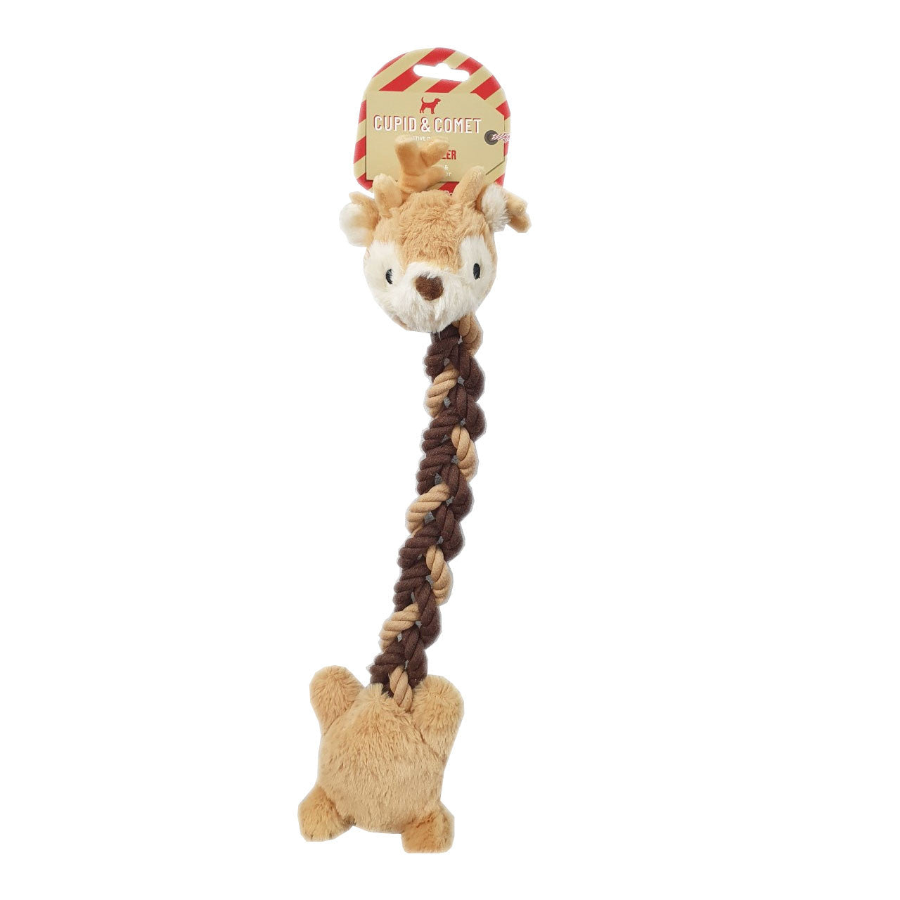 Plush dog toy with a braided tail and checkered hat on a white background