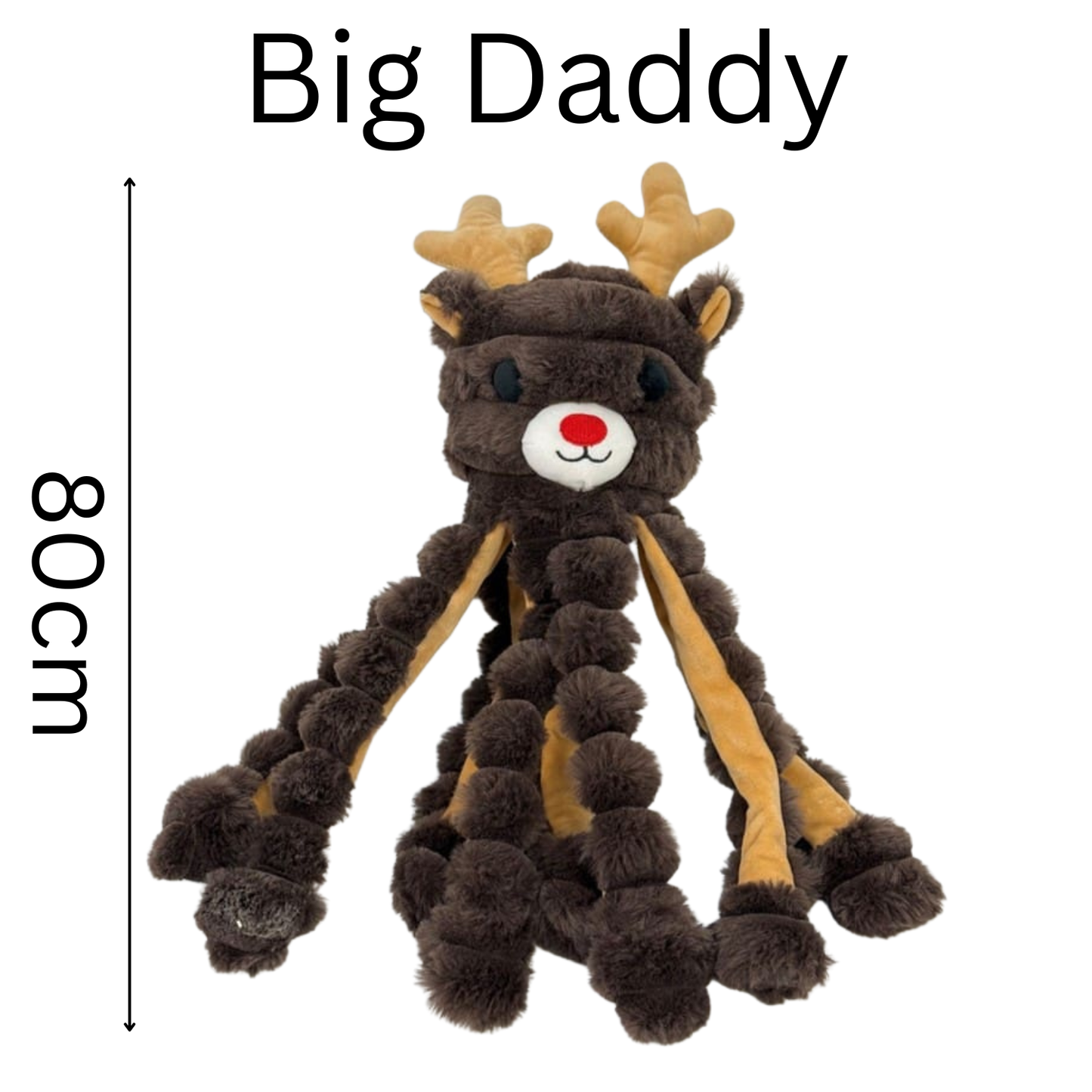 Plush reindeer dog toy labeled 'Big Daddy' with a measurement of 80cm on a white background.