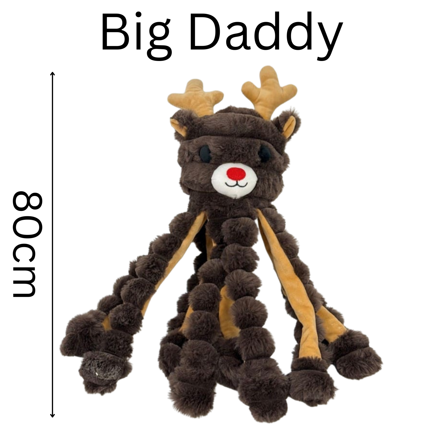 Plush reindeer dog toy labeled 'Big Daddy' with a measurement of 80cm on a white background.