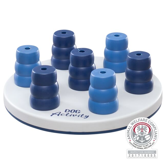 Dog activity toy with blue and white design on a white background