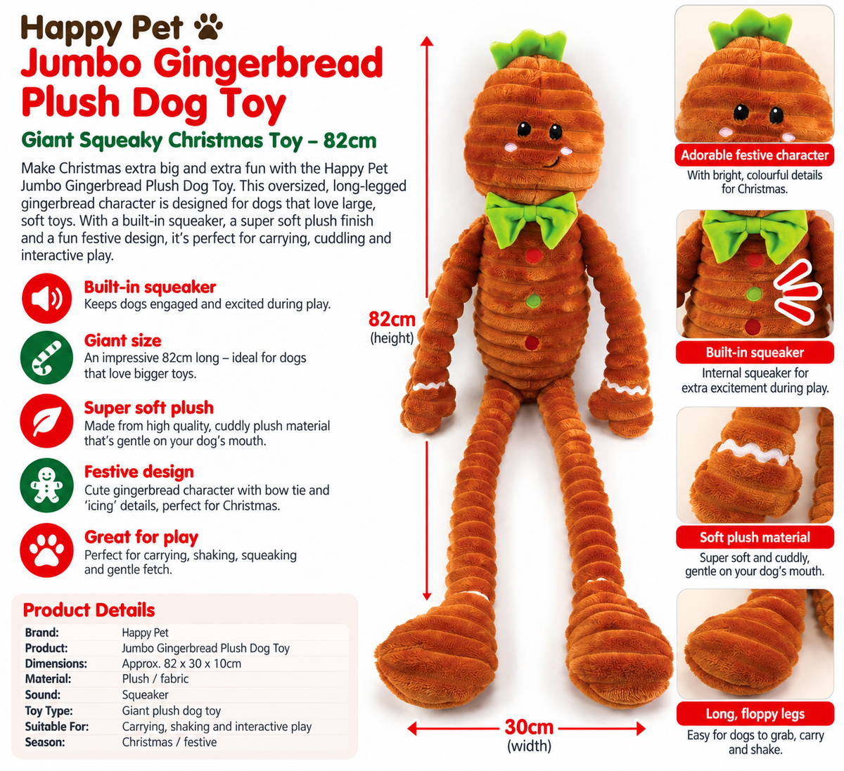 Jumbo Gingerbread Plush 🧸Dog Toy by Happy Pet
