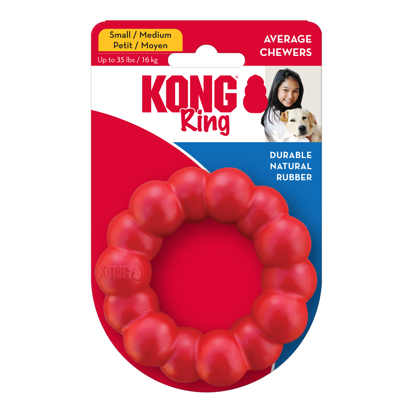 Red KONG dog toy with packaging on a white background