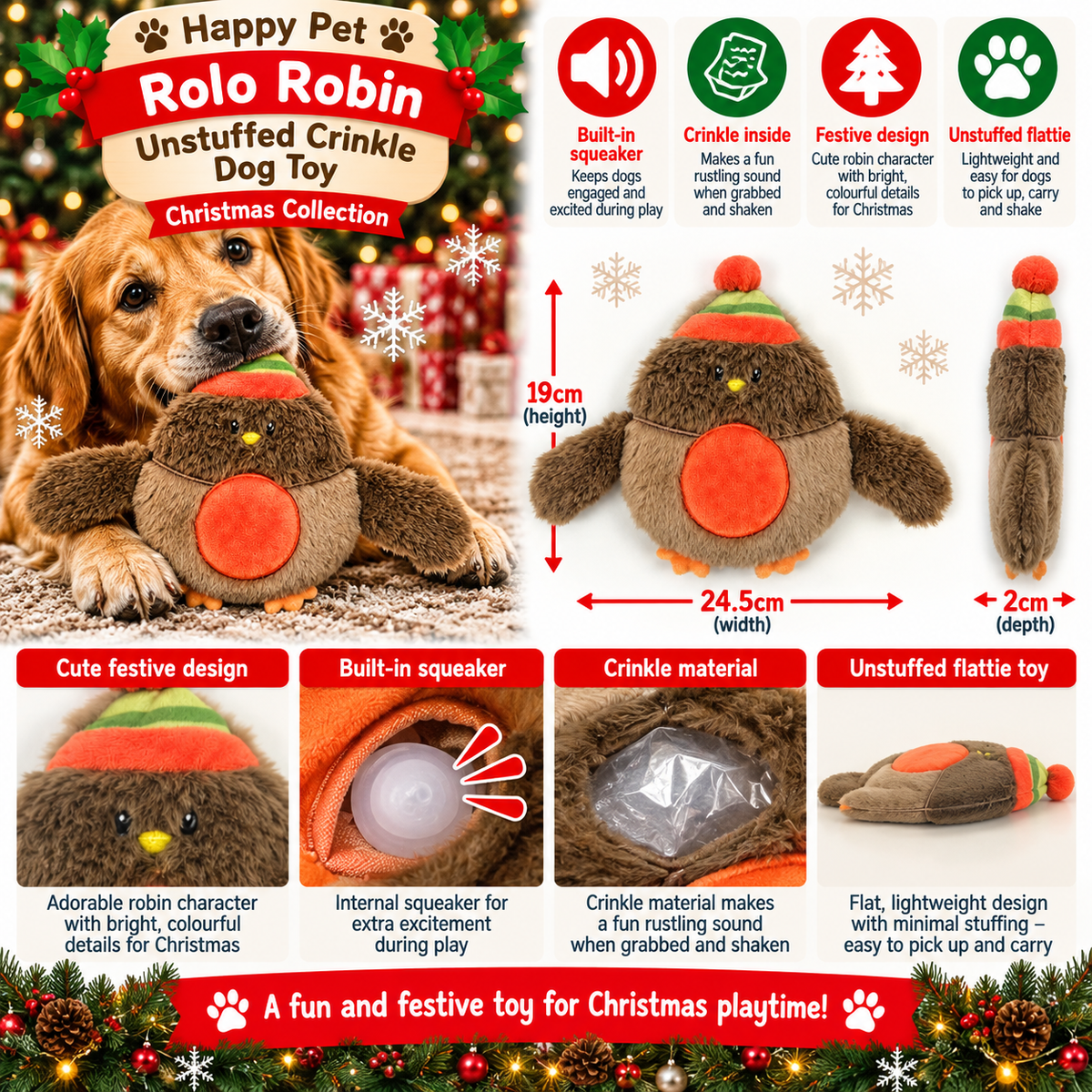 Rolo Robin Unstuffed Crinkle 🐦‍⬛ Dog Toy by Happy Pet