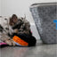 Dog playing with a plush toy next to a laundry basket on a wooden floor.