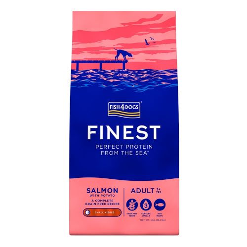 Fish4Dogs Finest salmon with potato dog food package on a white background