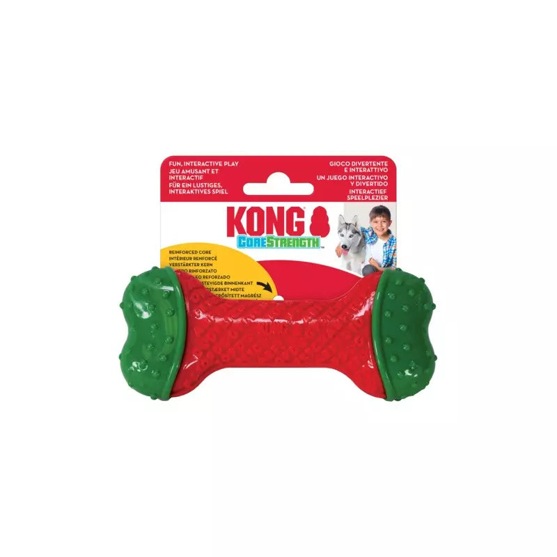 Red and green KONG Core Strength dog toy with packaging on a white background