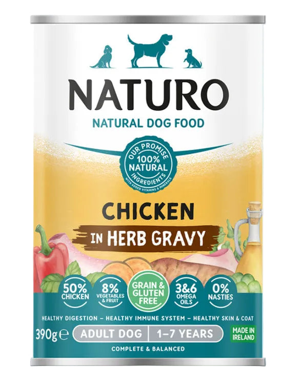 Naturio natural dog food can with chicken in herb gravy on a light blue background