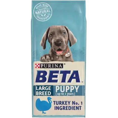 Purina BETA Large Breed Puppy food packaging with a puppy on a blue background