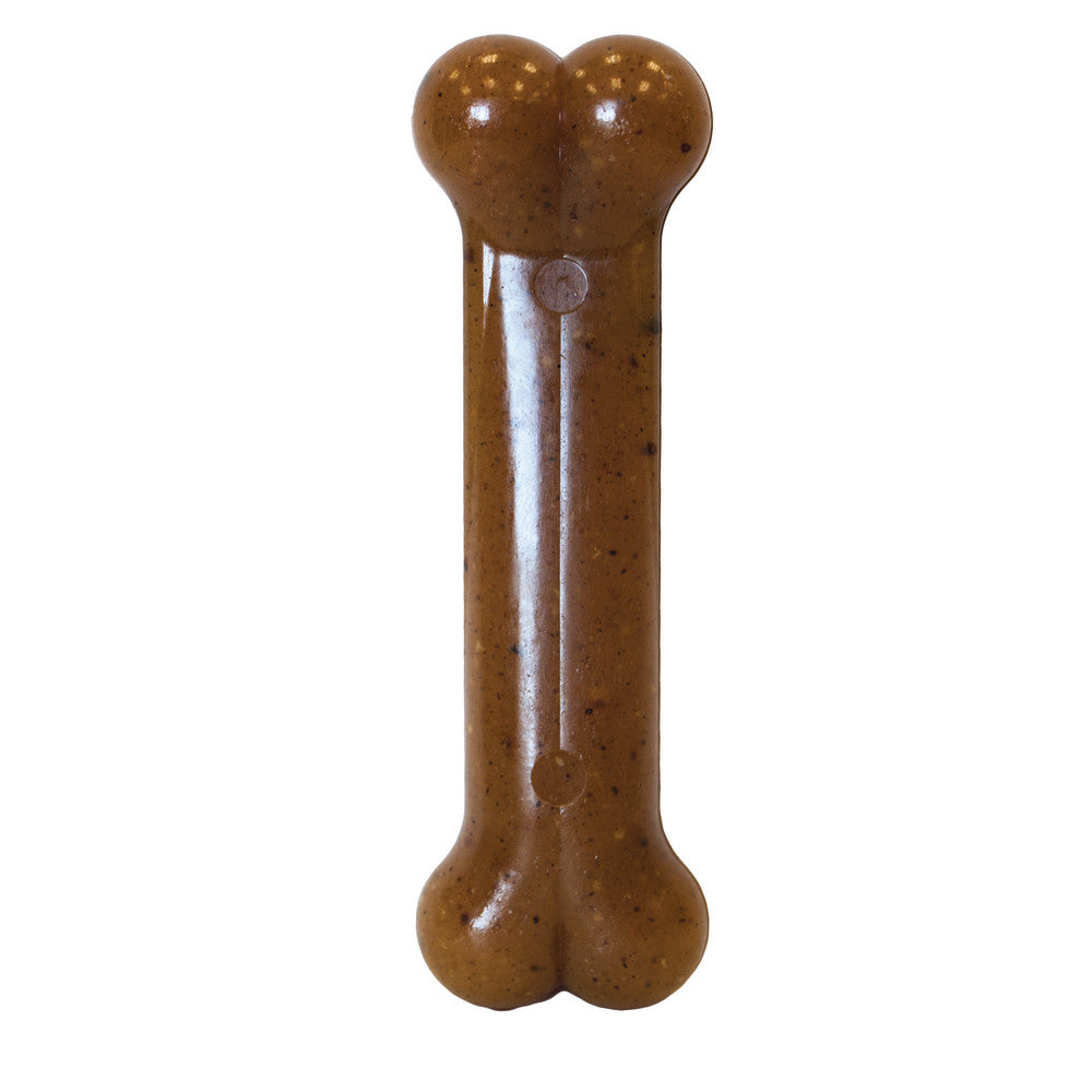 Brown bone-shaped dog toy on a white background