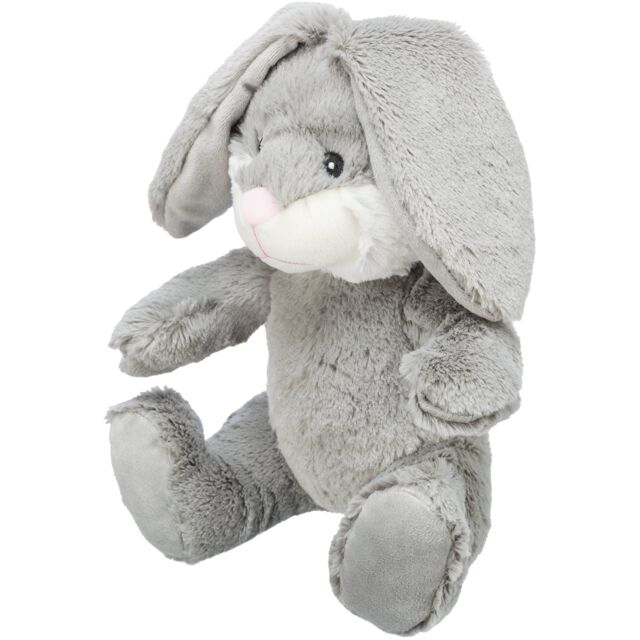 Plush dog toy rabbit with gray fur on a white background