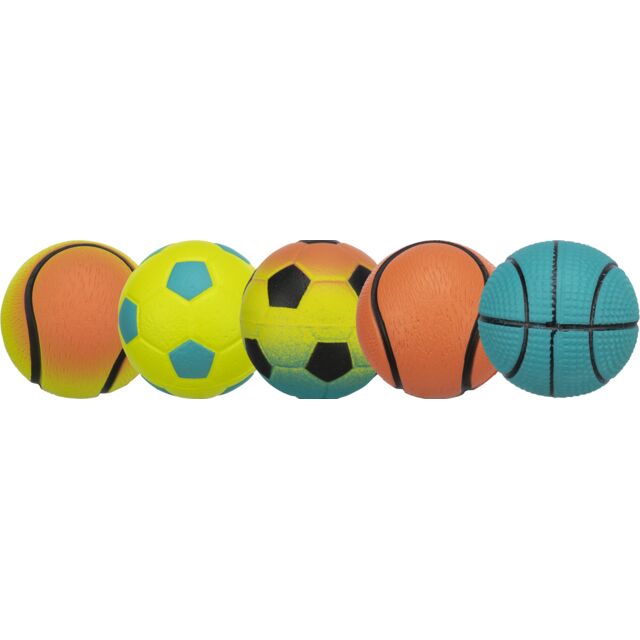 Set of colorful sports balls dog toys including a soccer ball, basketball, and others on a white background