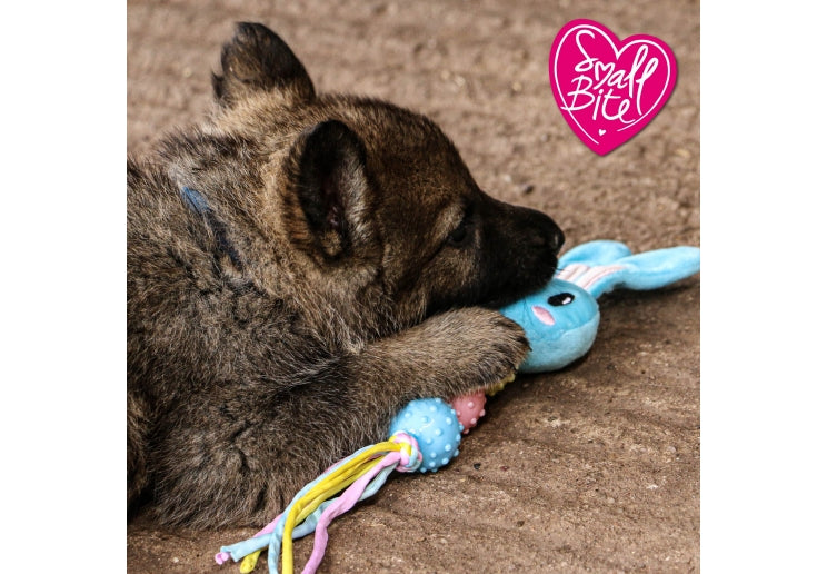 Puppy playing with a chew toy on a carpeted floor, with 'Small Bite' logo in the corner.