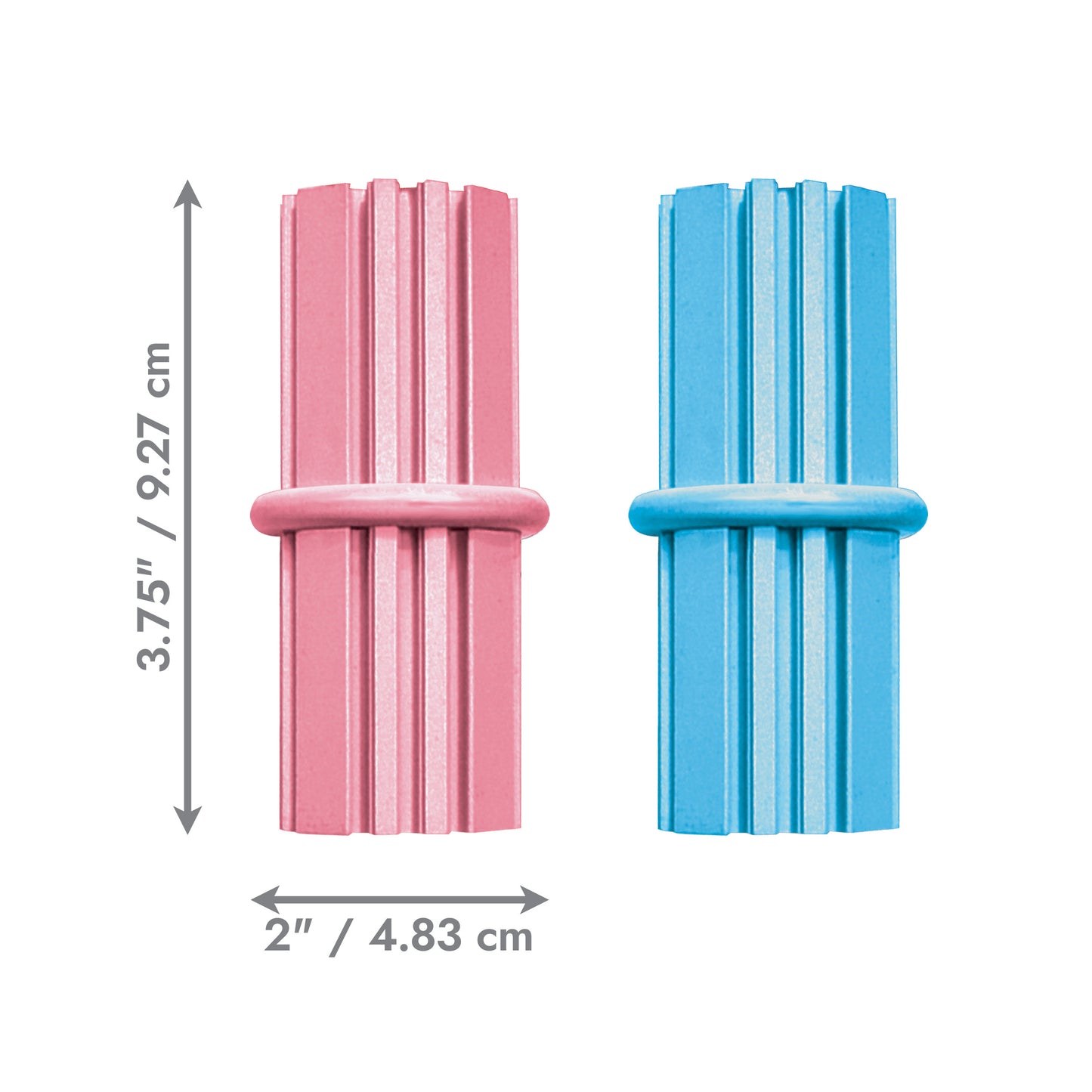 Two colorful kong puppy toys, one pink and one blue, with measurements indicated on a white background.