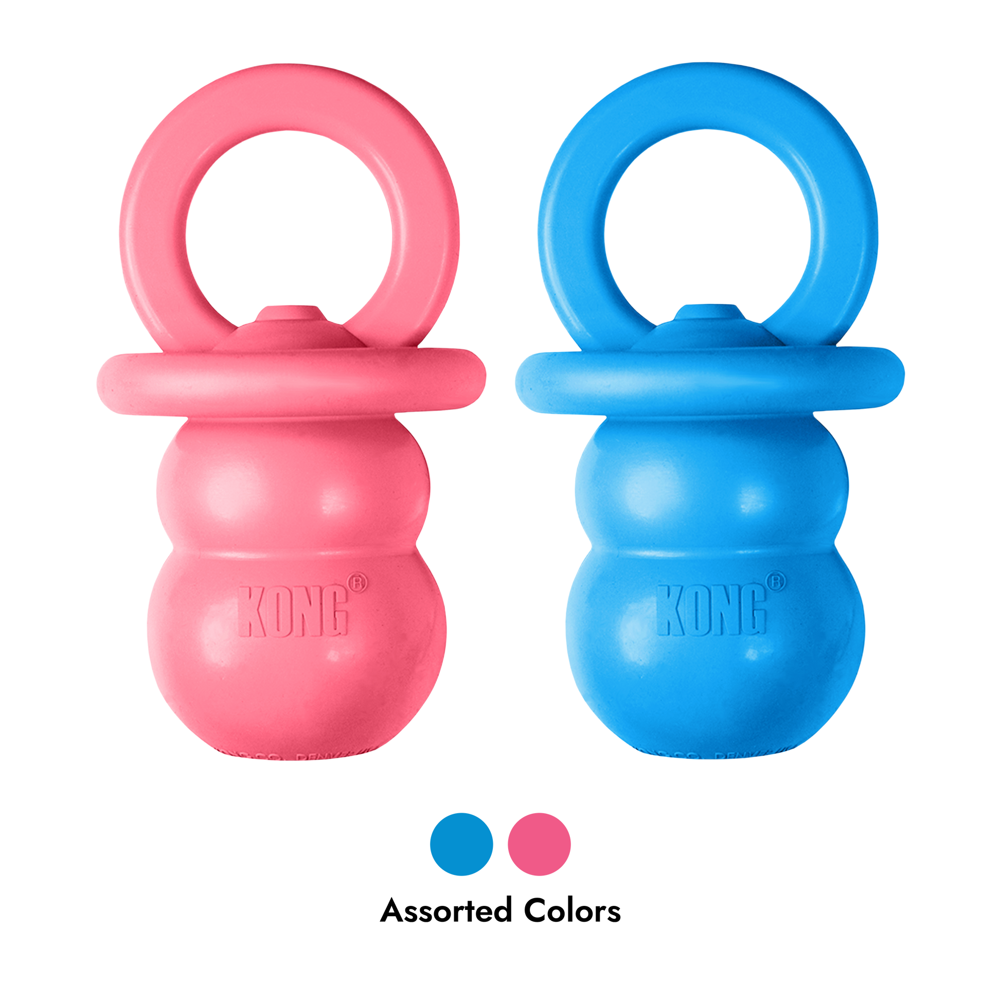 Pink and blue KONG dog toys on a white background