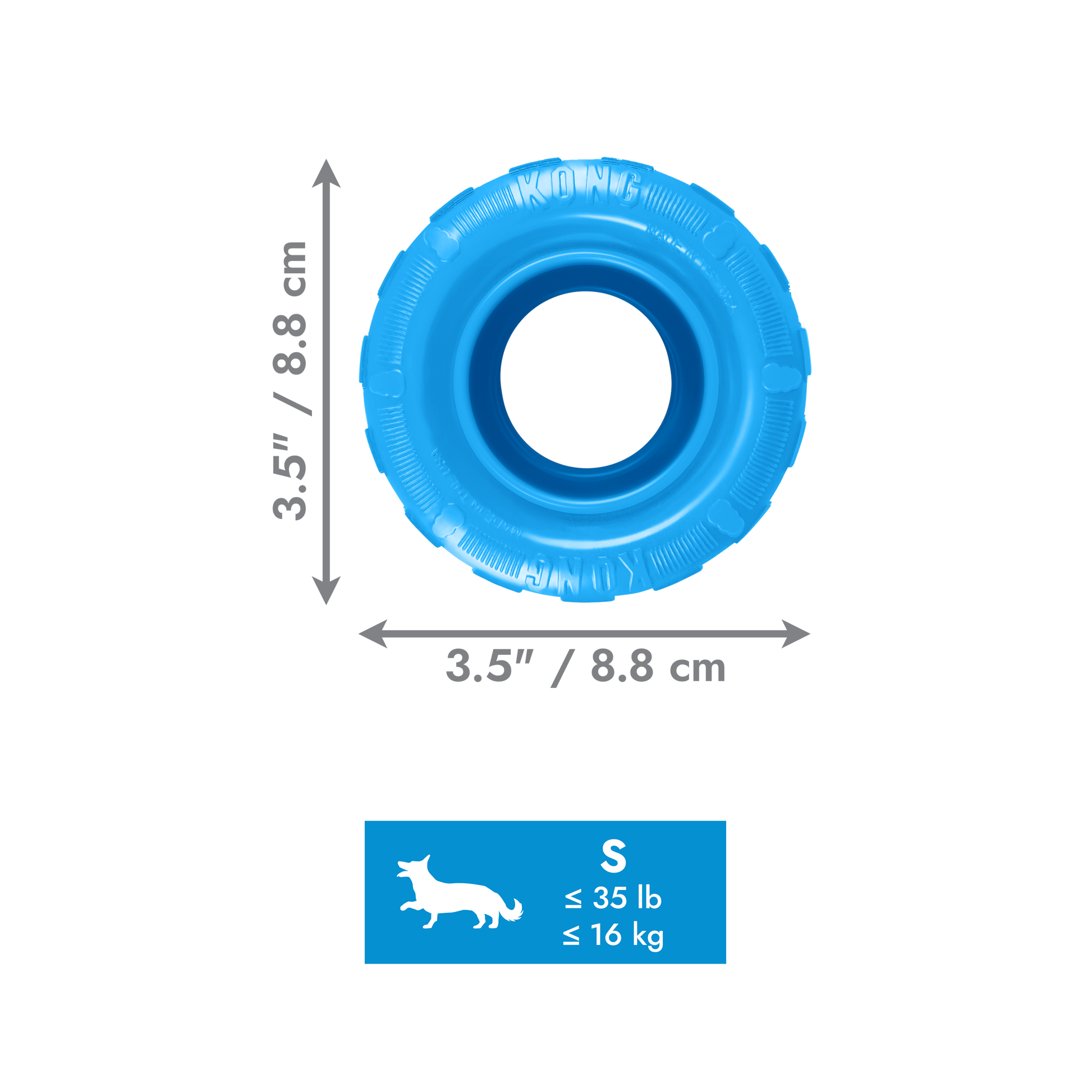 Blue dog toy with size chart and weight limit indicator on a white background