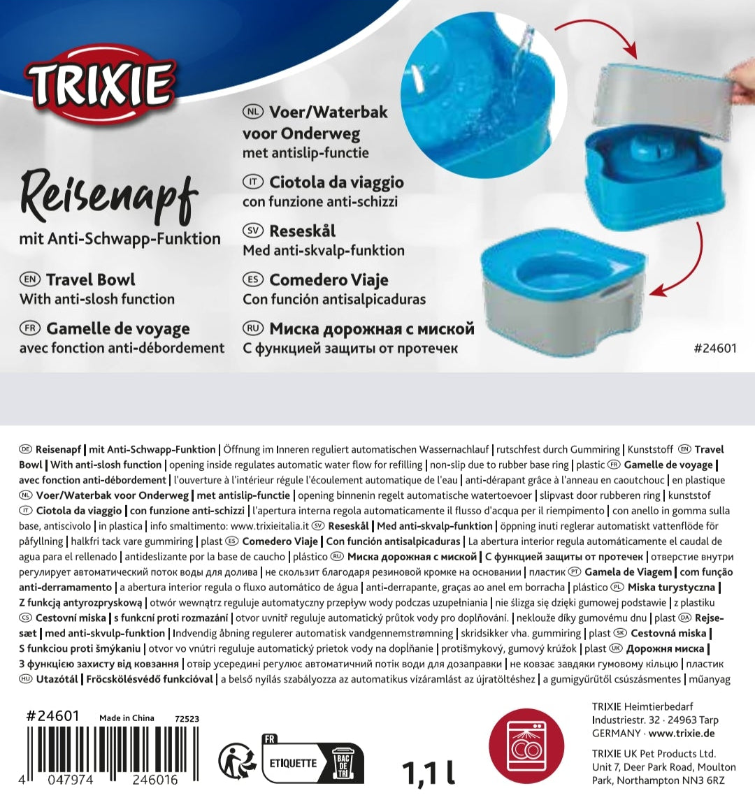 TRIXIE Anti-Spill Travel Water Bowl for Dogs 🚗💧 | Non-Slip No-Spill - 1.1l