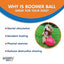 Advertisement for Boomer Ball dog toy with a dog playing and text listing benefits.
