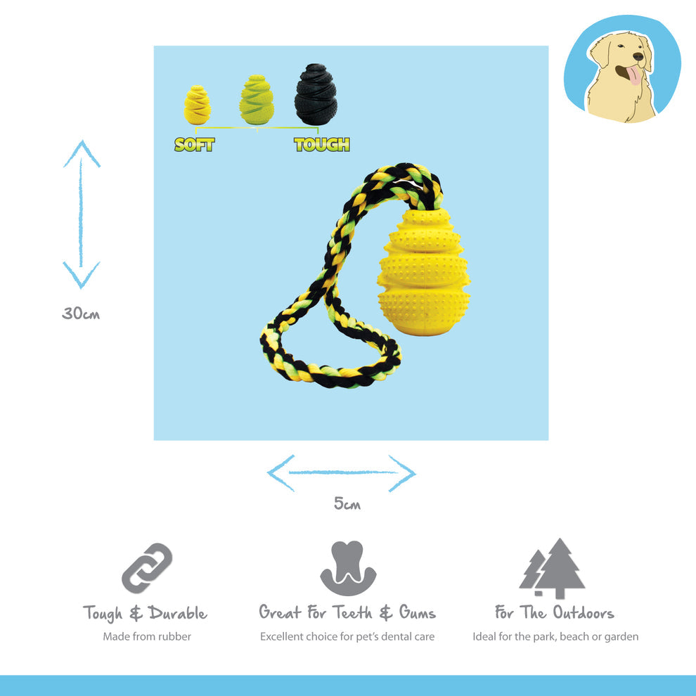 Dog toy with a yellow ball and black and yellow rope on a blue background