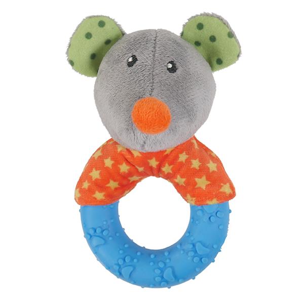 Plush puppy toy with a blue ring, gray face, green ears, and orange shirt on a white background