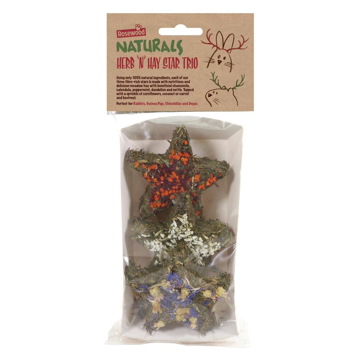 Rosewood Naturals Herb 'N' Hay Star Trio in a clear plastic bag with a brown paper header card. The set contains three star-shaped natural hay stands decorated with orange, white, and purple dried flowers.
