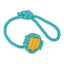 Turquoise dog toy with a knotted design on a white background