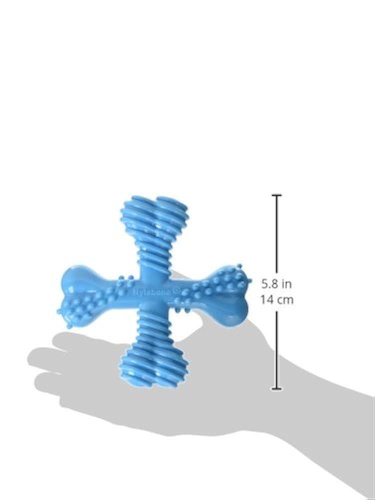 Blue textured dog toy held in a hand with dimensions displayed