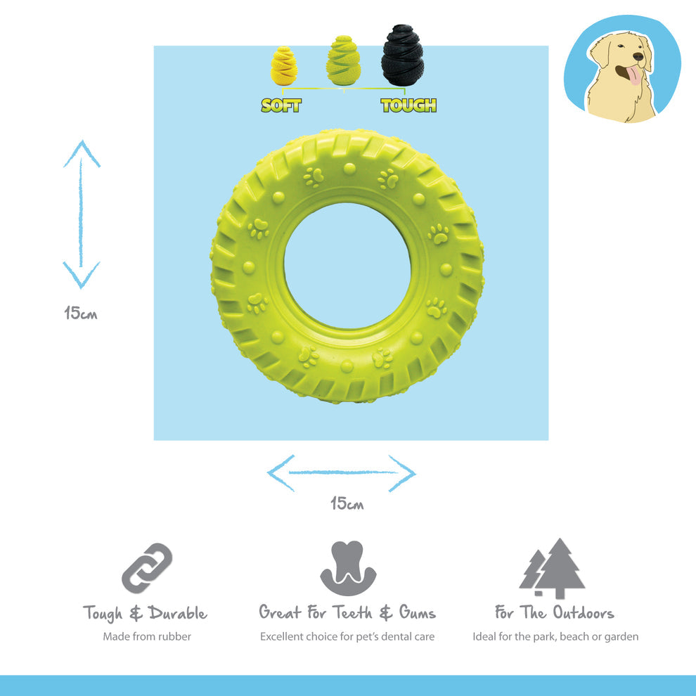 Dog toy tire with text and icons on a blue background