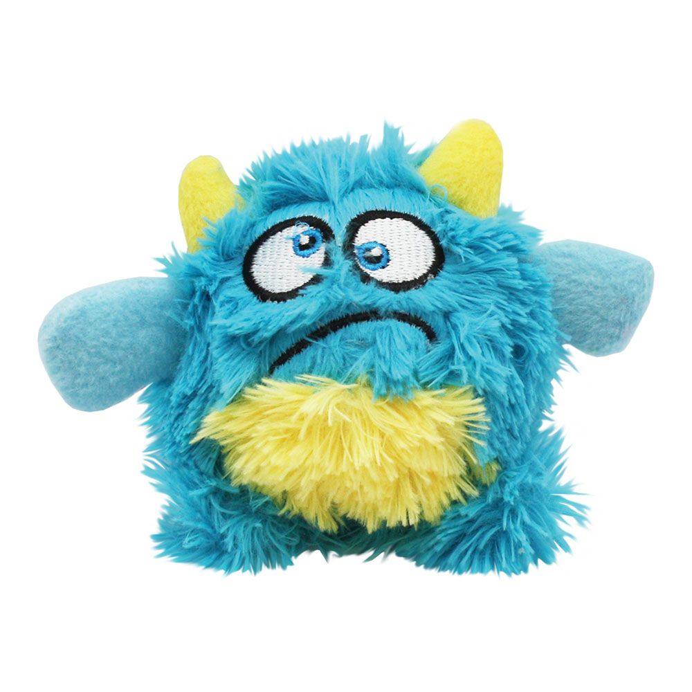 Blue and yellow plush dog  toy with a sad expression on a white background