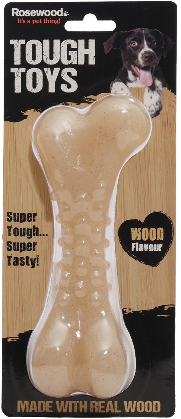 A packaged Rosewood Tough Wood Bone dog chew toy, featuring a transparent plastic bone with real wood shavings inside, and a picture of a dog on the packaging.