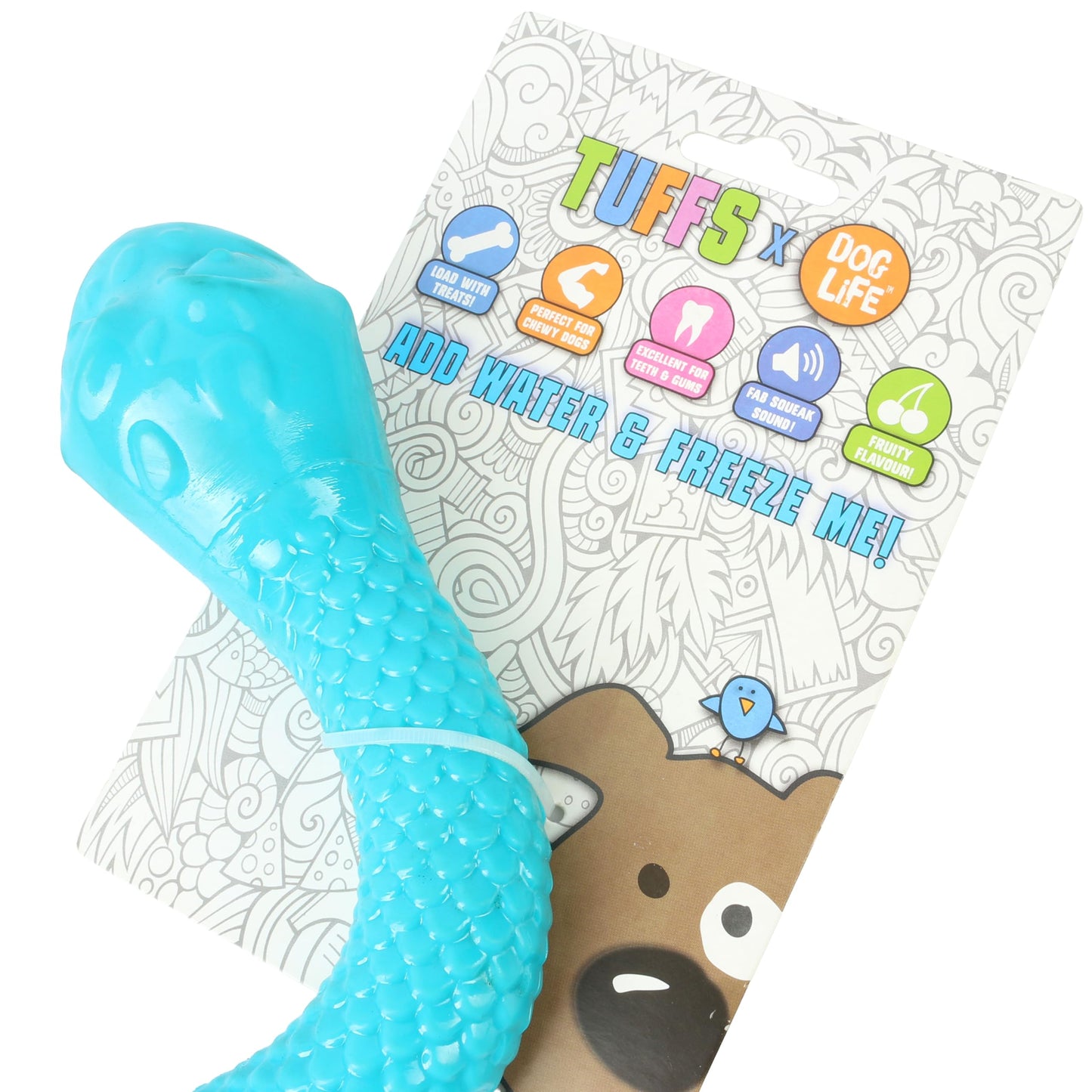 Blue dog toy with a packaging sheet featuring a bear illustration and text.