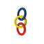 Three interlocking ring dog toys in blue, yellow, and red on a white background
