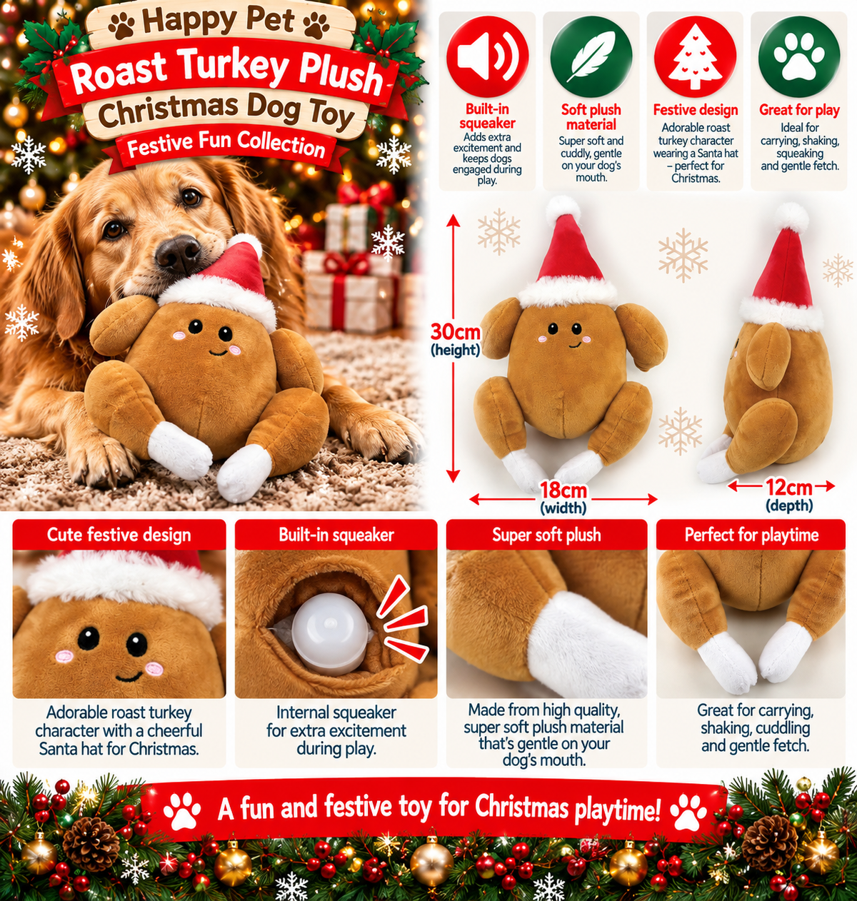 Roast Turkey Plush 🦃 Christmas Dog Toy by Happy Pet