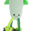Green knitted dog toy with a face and rope attachments on a white background