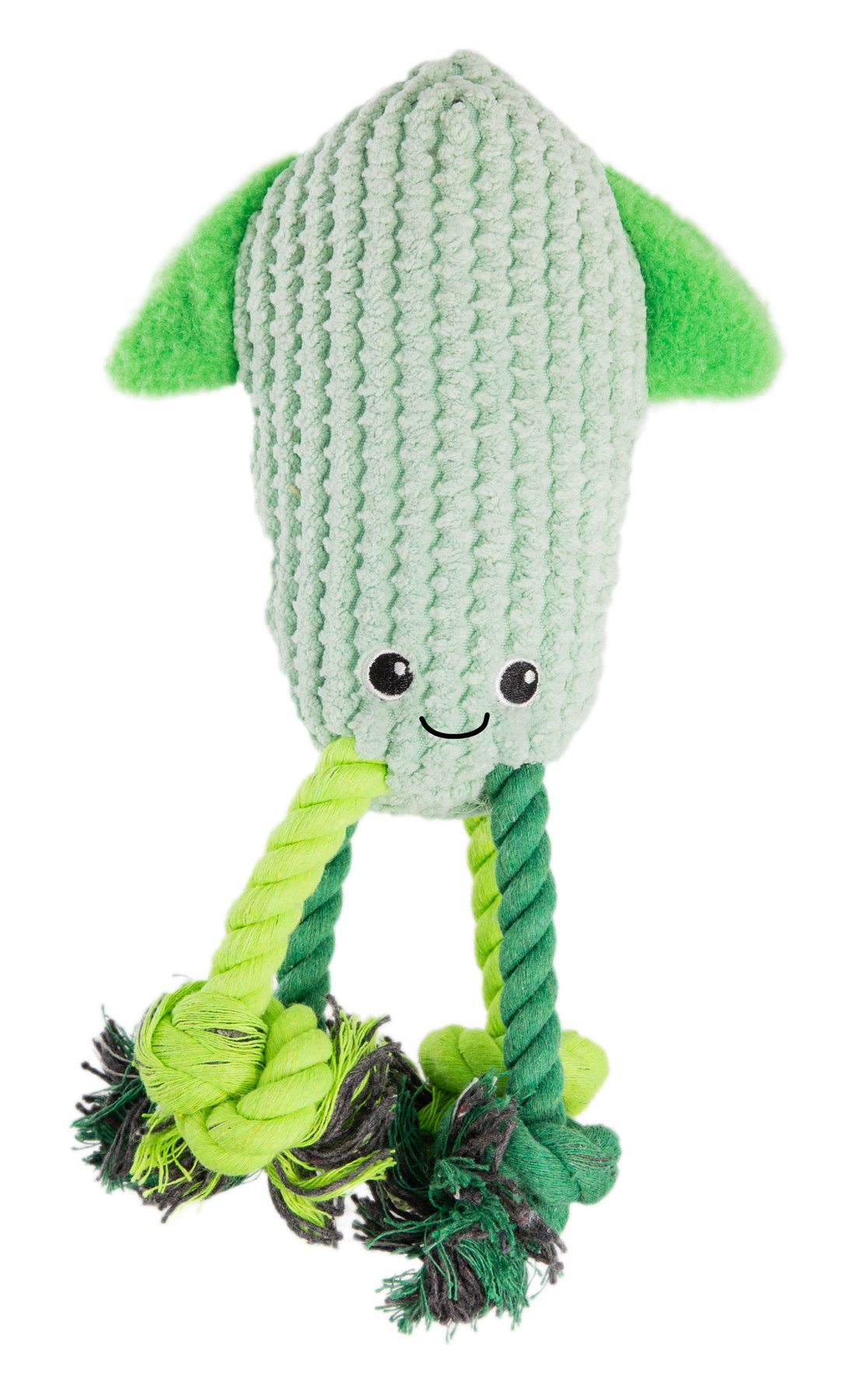 Green knitted dog toy with a face and rope attachments on a white background
