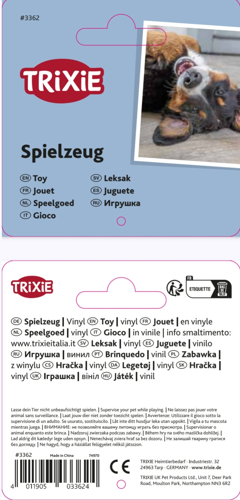 Trixie toy packaging with a dog and cat on a blue background