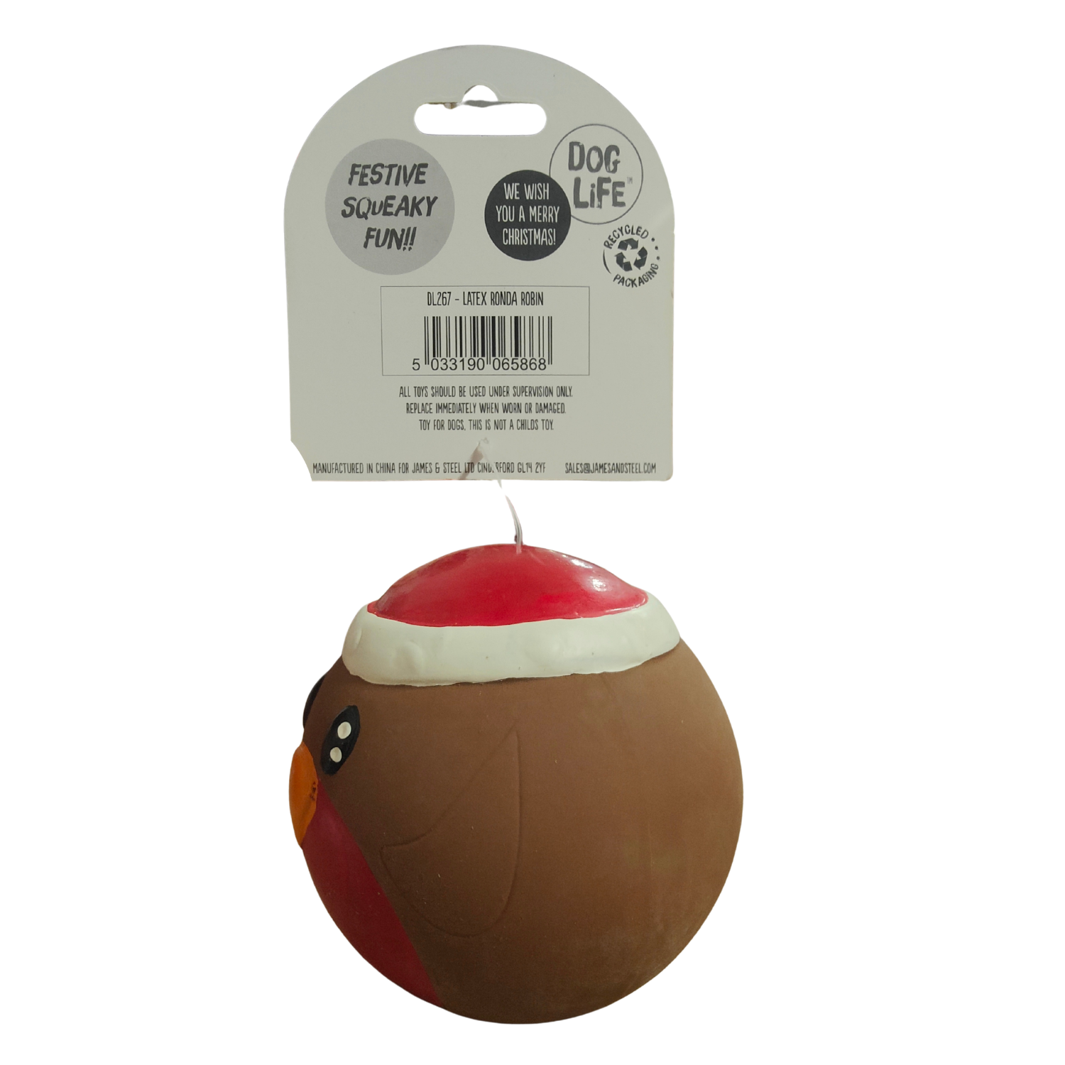 Dog toy shaped like a robin with a label on a white background