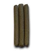 Three salmon infused beef rolls arranged vertically on a plain background, representing the treat aspect of the product.