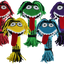 Five colorful dog toys with fringed tongues on a white background