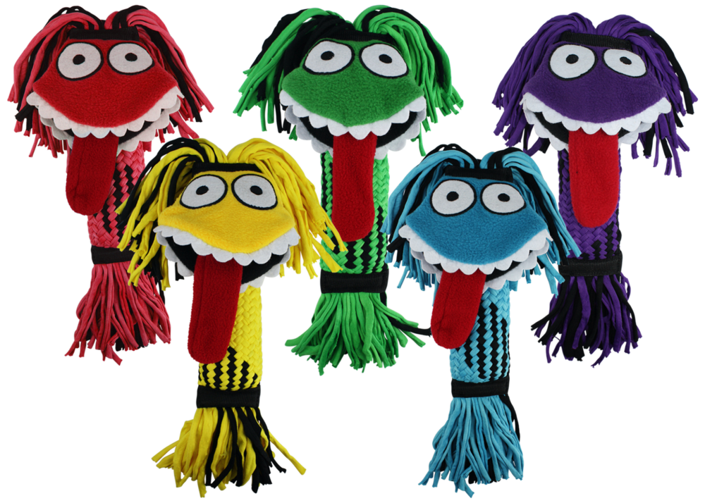 Five colorful dog toys with fringed tongues on a white background