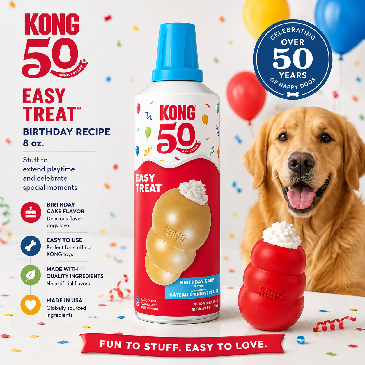 KONG Easy Treat bottle with a dog and birthday-themed packaging