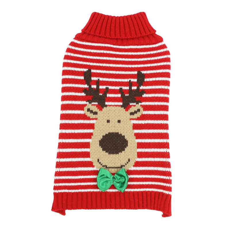Red and white striped dog sweater with a reindeer design on a white background