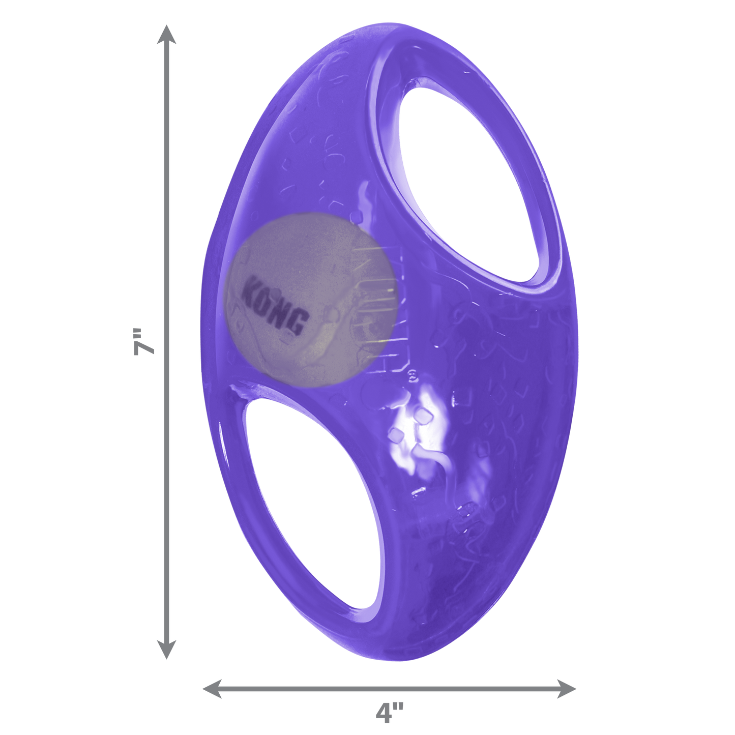 Purple KONG dog toy with dimensions on a white background