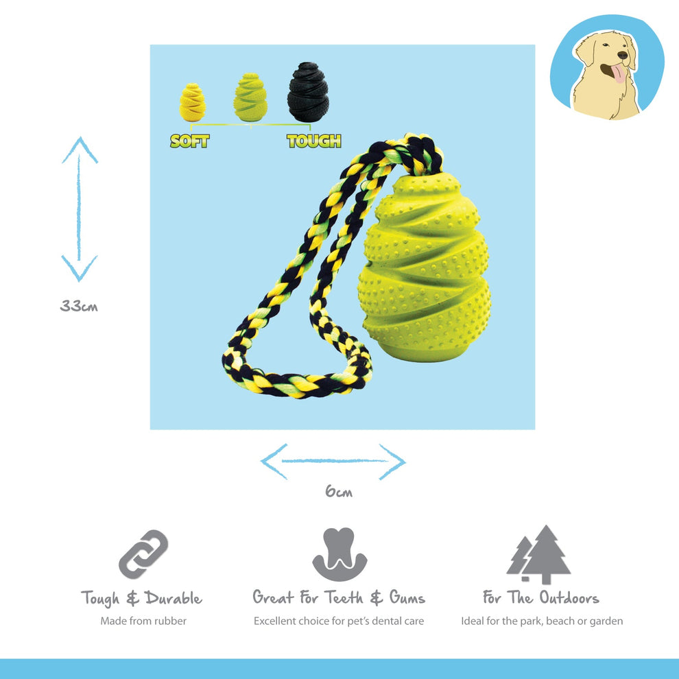 Dog toy with a yellow ball and black and yellow rope on a blue background