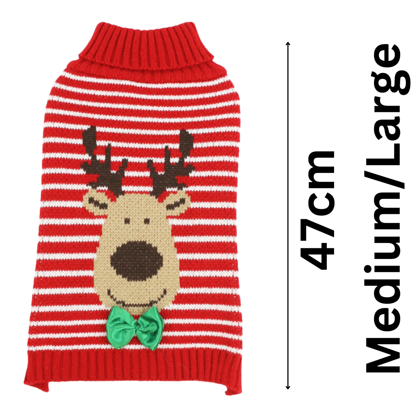 Red and white striped dog sweater with reindeer design and measurements on a white background
