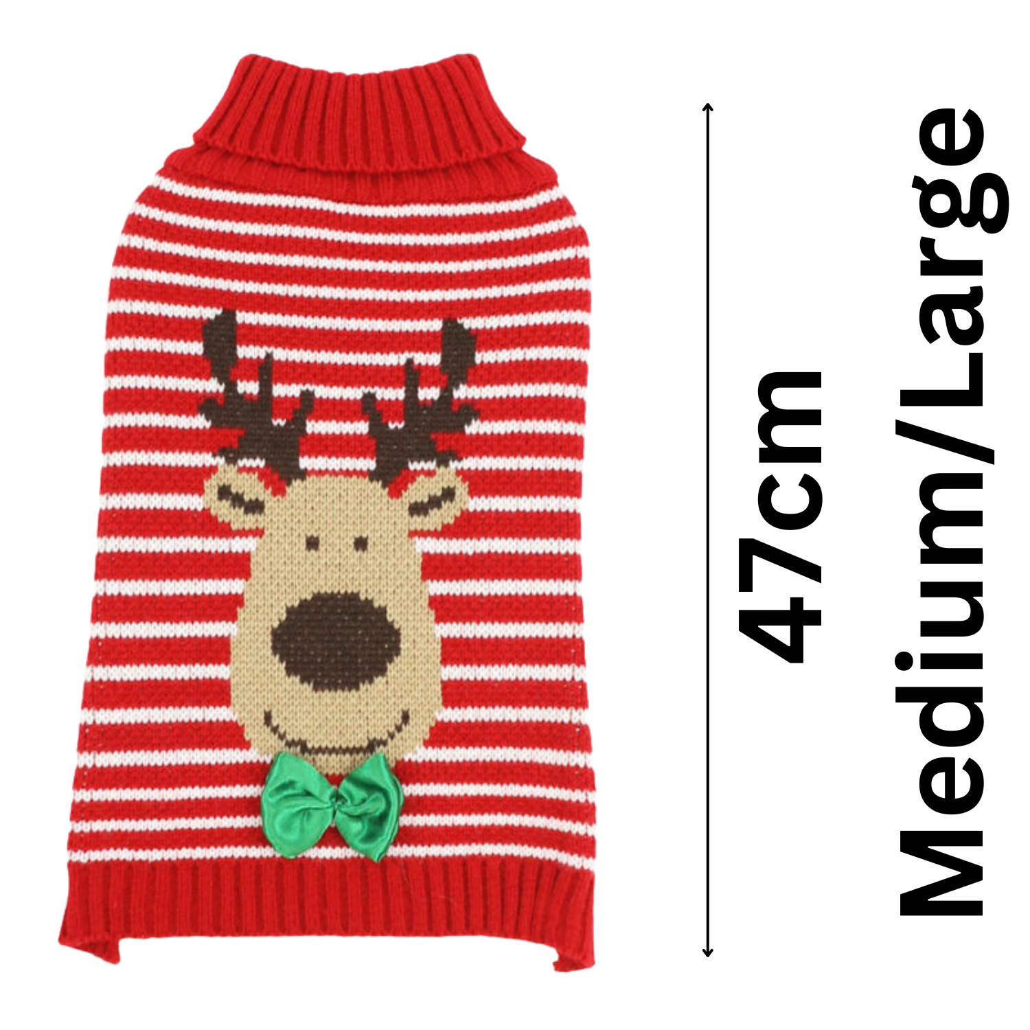 Red and white striped dog sweater with reindeer design and measurements on a white background