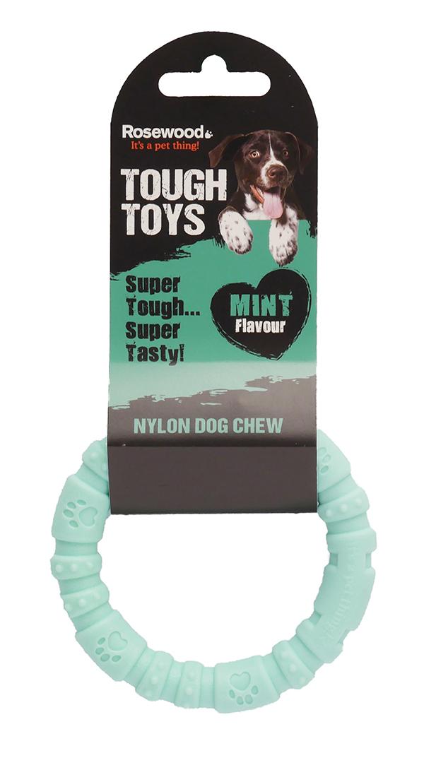 Mint green dog chew toy with packaging featuring a dog and text about the product.